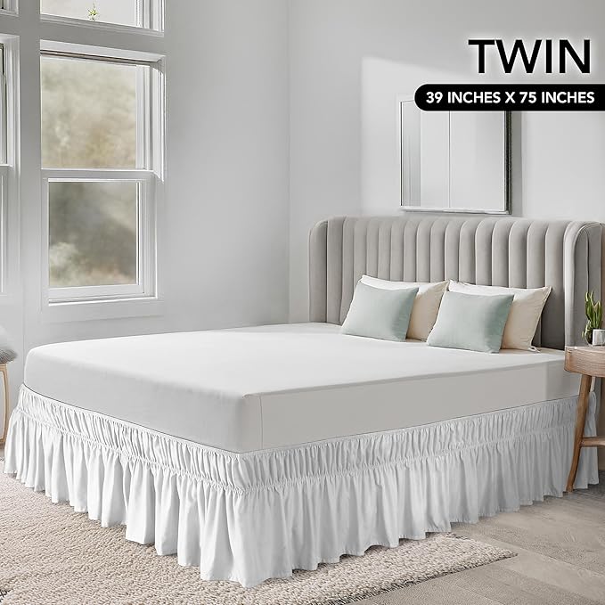 Utopia Bedding Twin Elastic Bed Ruffle - Easy Wrap Around Ruffle - Microfiber Bed Skirt with Adjustable Elastic Belt 16 Inch Tailored Drop - Hotel Quality Bedskirt, Fade Resistant (Twin, White)