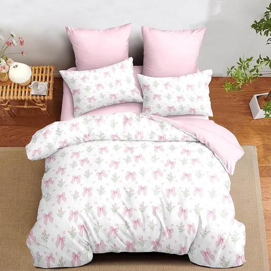 Nayoroom Pink Bow Comforter Set Full Size Coquette Pink Floral Comforter 3 Pieces Soft Lightweight Kids Girls Cute Aesthetic Dorm Bedding Set for All Seasons