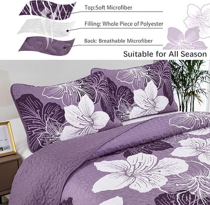 DJY 3 Pieces Quilt Set King Dark Purple Floral Pattern Quilt Coverlet Set Elegant Boho Bedspread with 2 Pillow Cases Soft Microfiber Botanical Bedding Quilt Set for Teens Adults 104"x 90"