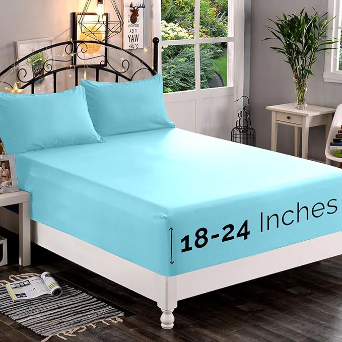 Elegant Comfort 1500 Premium Quality Fitted Sheet Ultra Soft 18-24 Inch Extra Deep Pocket - Single Fitted Sheet for High Mattress - Wrinkle Free with Smart Storage Pockets, Queen, Aqua Blue