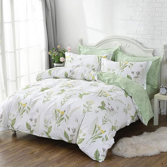 FADFAY Girls Floral Bedding Twin Duvet Cover Set Premium 100% Cotton Green Floral Yellow Daisy Purple Lavender Flowers Bedding Set 3-Piece-1Duvet Cover & 2Pillowcases