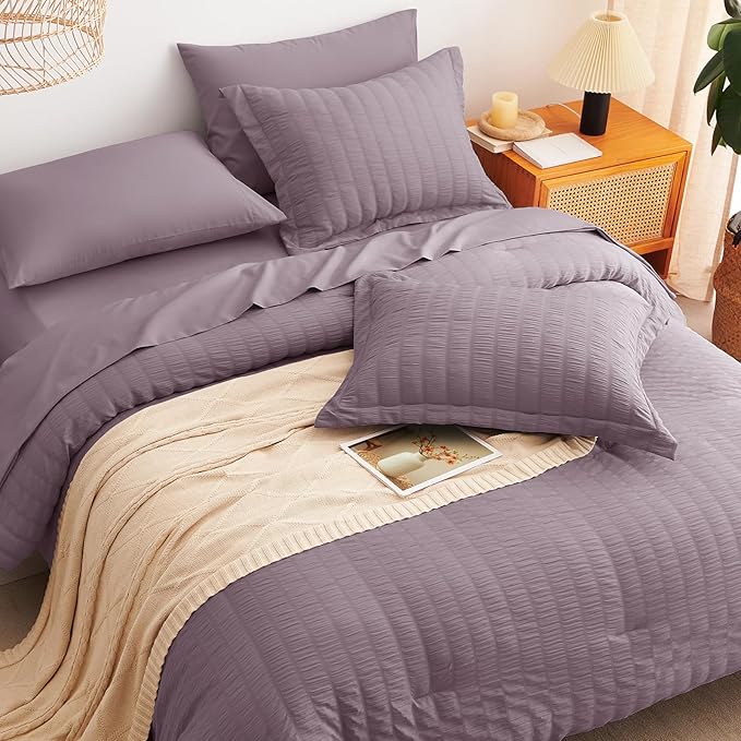 CozyLux Oversized King Comforter Set Dusty Purple Seersucker 7 Pieces 120x98 Bed in a Bag Comforter Set with Sheets, Grayish Purple Bedding Set Down Alternative Comforter, Sheets, Pillowcases & Shams