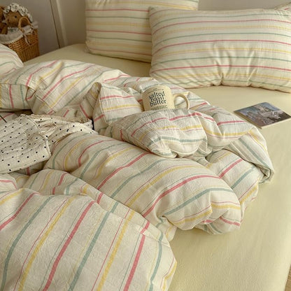 EAVD Vintage Colorful Striped Comforter Set King Soft Cotton 3-Piece Retro Vertical Striped Bedding Set with 2 Pillowcases Boho Geometric Comforter Set for All-Season(Pink&Yellow&Blue, King)