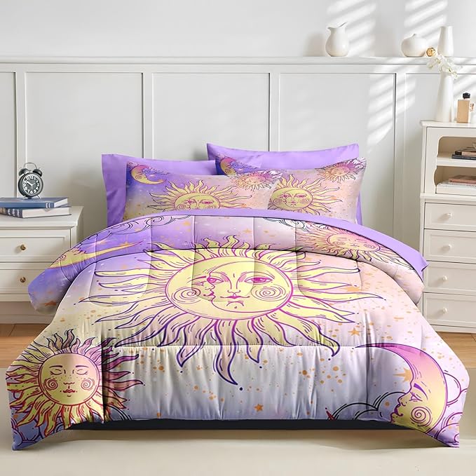 Nesker Comforter Set Queen Size, Celestial Motifs Astrology 7 Pcs Bedding for Kids and Adults, Boho Sun Moon Bed Sheet Sets with Fitted Sheet 2 Pillowcases & 2 Shams