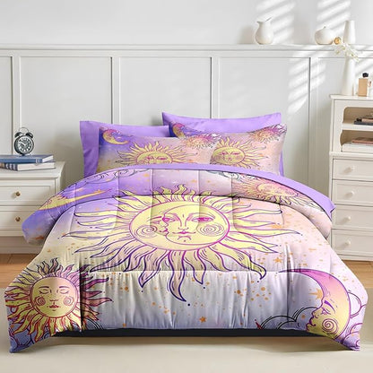 Nesker Comforter Set Twin Size, Celestial Motifs Astrology 5 Pcs Bedding for Kids and Adults, Boho Sun Moon Bed Sheet Sets with Fitted Sheet Pillowcase & Sham