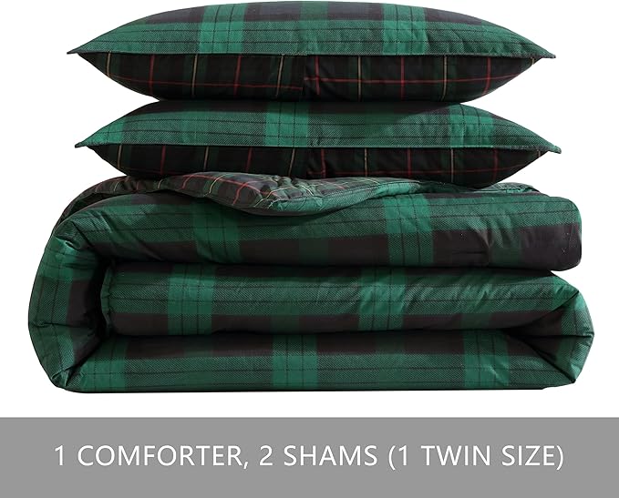 Eddie Bauer - Queen Comforter Set, Cotton Reversible Bedding with Matching Shams, Stylish Plaid Home Decor (Woodland Tartan Green, Queen)