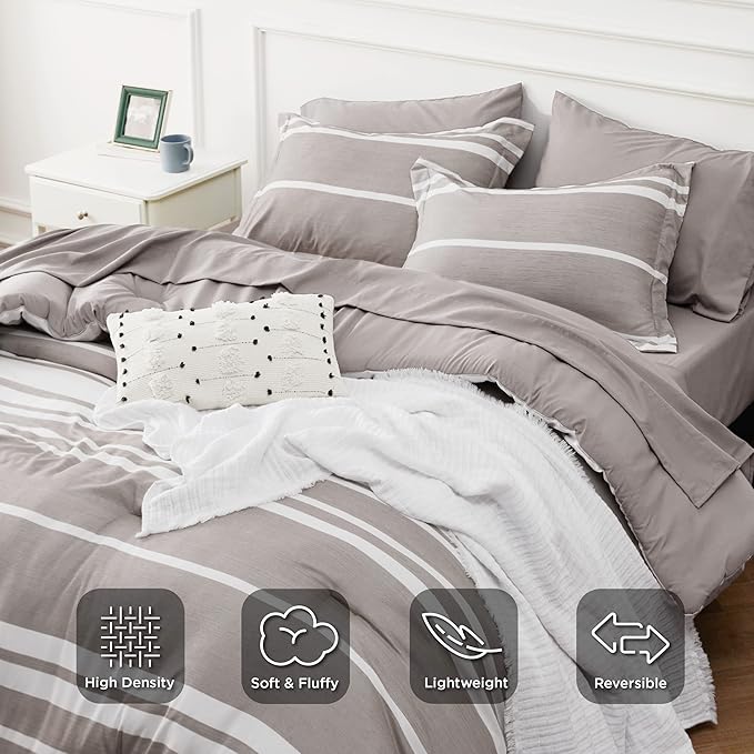 Bedsure Full Comforter Set 7 Pieces, Taupe Striped Bedding Set for All Seasons, Reversible, Cationic Dyeing Bed in a Bag with Comforter, Sheets, Pillowcases & Shams