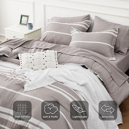 Bedsure Full Comforter Set 7 Pieces, Taupe Striped Bedding Set for All Seasons, Reversible, Cationic Dyeing Bed in a Bag with Comforter, Sheets, Pillowcases & Shams