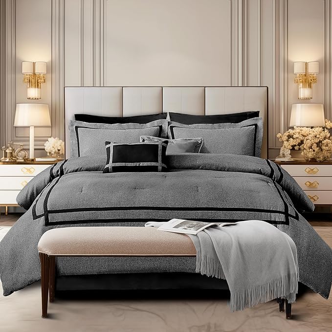 Wonderful Hotel Comforter Set King 8-Piece Gray Hydro-Brushed Wooly Feel Modern Luxury Bedding Comforter with Matching Fitted Sheet,Flat Sheet,Pillow Sham,Decorative Pillows for All Seasons