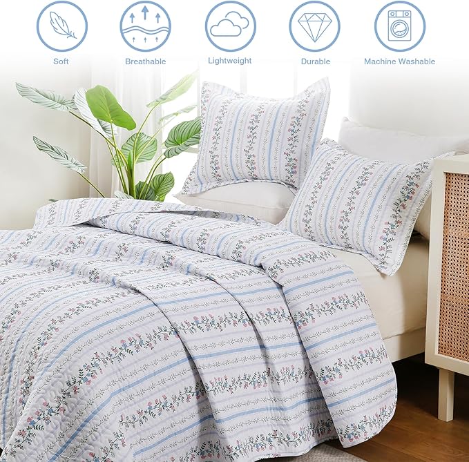 King Size Quilt Bedding Set, Farmhouse Floral Bed Quilts Lightweight Reversible Elegant Bedspreads Coverlets with 2 Pillow Shams (104"×90")