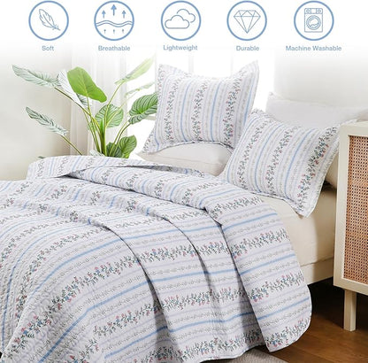 King Size Quilt Bedding Set, Farmhouse Floral Bed Quilts Lightweight Reversible Elegant Bedspreads Coverlets with 2 Pillow Shams (104"×90")