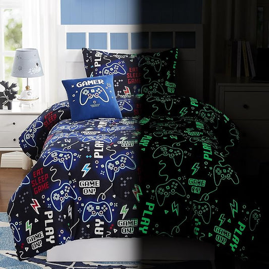Kids Comforter Set Twin Size for Boys, Glow in The Dark Gamer Bedding Set 1 Comforter, 1 Decor Pillow, 1 Pillow Sham, Twin XL Comforter Set