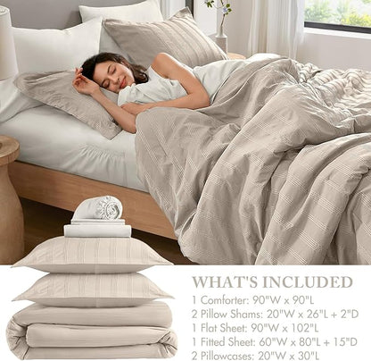 Madison Park Essentials Striped Comforter Set Queen, 7 Pieces Modern Minimalist Jacquard Bedding Set for All Season, Bed in A Bag with Sheet Set and Soft Brushed Reverse, Lightweight Neutral