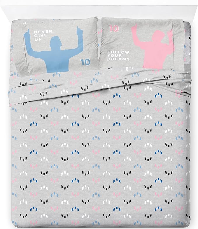 Jay Franco Kids Sheet Set with Fitted, Flat Sheets & Pillow Cover - Ultra-Soft Bedding with Pillowcase for Room Decor, Grey - Messi, 4 Piece Full