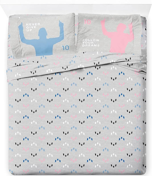 Jay Franco Kids Sheet Set with Fitted, Flat Sheets & Pillow Cover - Ultra-Soft Bedding with Pillowcase for Room Decor, Grey - Messi, 4 Piece Full