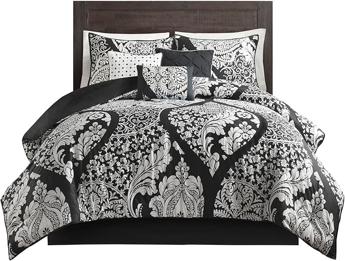 Madison Park Vienna Sateen Cotton Comforter Set, Breathable, Soft Cover, Trendy, All Season Down Alternative Cozy Bedding with Matching Shams, Queen, Black 7 Piece