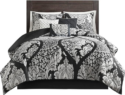 Madison Park Vienna Sateen Cotton Comforter Set, Breathable, Soft Cover, Trendy, All Season Down Alternative Cozy Bedding with Matching Shams, Queen, Black 7 Piece