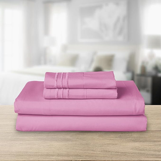 Elegant Comfort Luxurious 1500 Premium Hotel Quality Microfiber Three Line Embroidered Softest 4-Piece Bed Sheet Set, Wrinkle and Fade Resistant, Queen, Light Pink