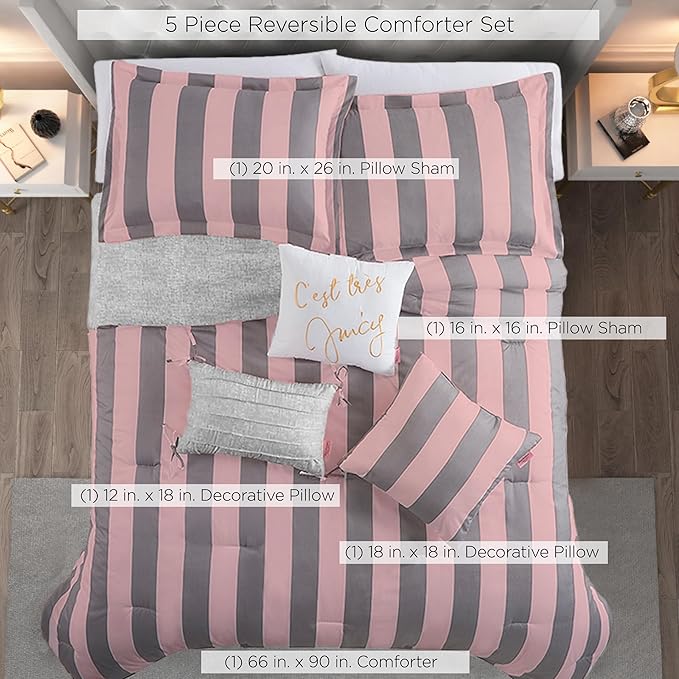 Juicy Couture Cabana Stripe Reversible Bedding Set - Twin/Twin XL Size - Pink and Grey Stripe Print - 5 Piece Set - Includes 1 66 x 90 Comforter, 3 Decorative Pillows, 1 Sham