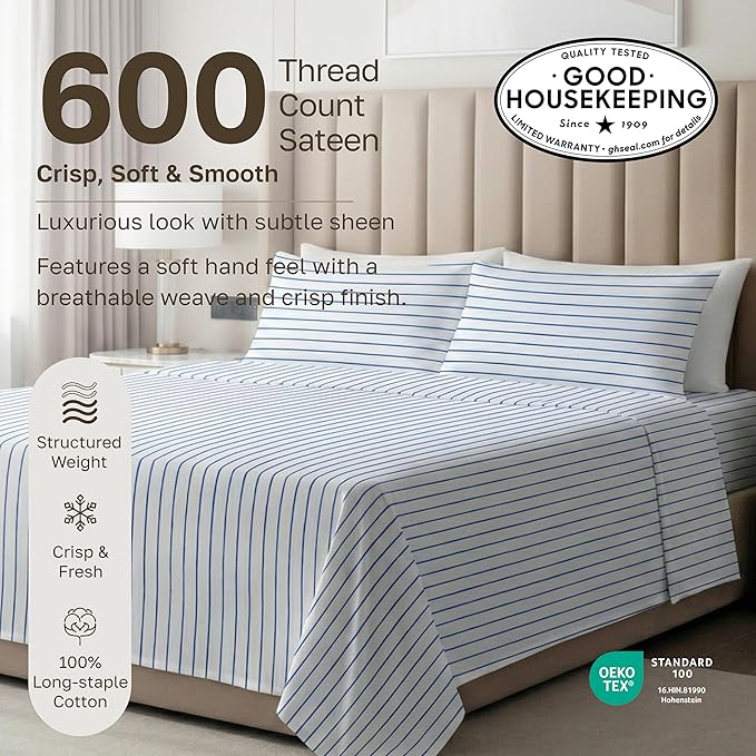 California Design Den Printed Striped Twin XL Sheets Set - 600 Thread Count, 100% Cotton Sateen, Premium Deep Pocket Extra Long Twin Sheets - Classic Blue Stripe Print