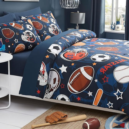 Full Size Comforter Set for Boys-7 Pieces Sports Ball Games Glow in the Dark Full Bedding Sets for Kids, Ultra Soft Bed in A Bag with Sheets