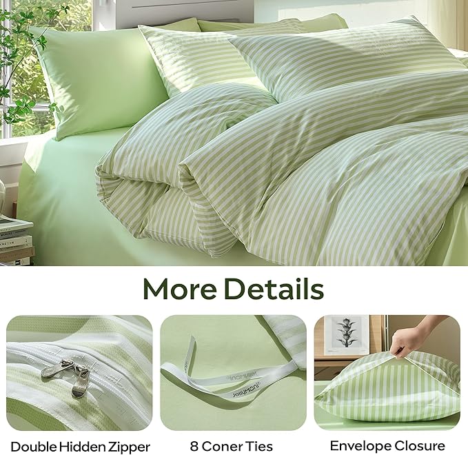 JELLYMONI Striped Duvet Cover Set - Twin Size Comforter Cover, Classic Sage Green & White Stripes, 100% Cotton 2 Pcs Bedding with Zipper Closure & 8 Corner Ties for Kids or Guest Bedroom