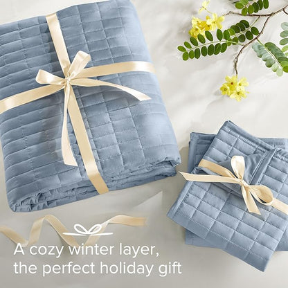 Comfort Spaces Blue Oversized Queen Quilt Set 102"x118" Bedspread Quilted Summer Lightweight Microfiber Bedding Coverlet with Double Sided Stitching Soft All Season Cozy 3 Piece with Matching Shams