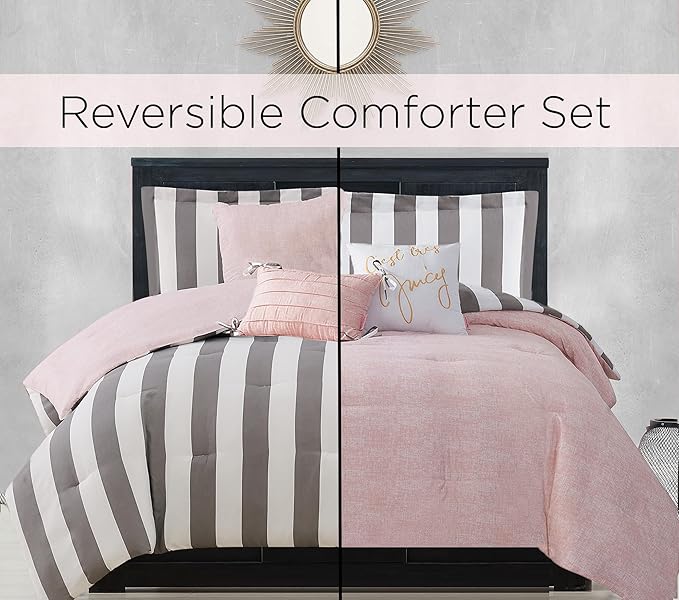 Juicy Couture JYZ012630 Cabana Stripe 6-Piece Reversible Set, Queen Grey/White