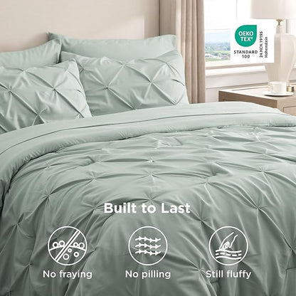 Bedsure Twin XL Comforter Set - Extra Long 5 Pieces Dorm Bedding Sets, GentleSoft™ Pinch Pleat Sage Green Bed in a Bag with Pintuck Comforter, Sheets, Pillowcase & Sham