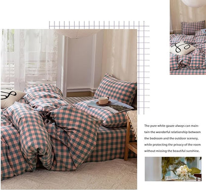 VM VOUGEMARKET Purple Pink Plaid Bedding Set Queen 3 Pieces Pink Blue Grid Duvet Cover with Zipper Ties 2 Pillowcases 100% Washed Cotton Luxury Soft Breathable Durable