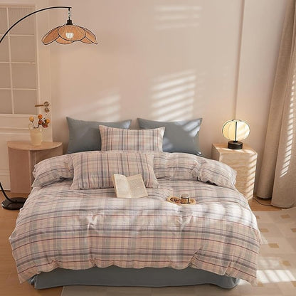 Plaid Comforter Full Size Set Fluffy Washed Cotton Bedding Set Down Alternative Boho Vintage Soft Bedding Comforter Sets All Season Cute Farmhouse Washable Bed Comforter with 2 Pillowcases