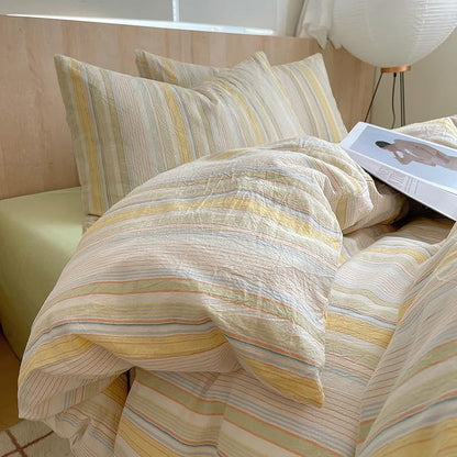 LifeTB Yellow Striped Duvet Cover Set Queen, 100% Washed Cotton Multicolor Stripes Pattern Printed Comforter Cover, 3 Pieces Farmhouse Striped Bedding Set Breathable Duvet Cover Queen Size
