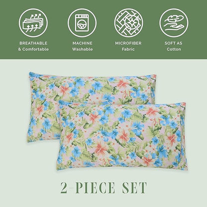 Elegant Comfort Ultra Soft Set of 2 Floral Print Pillowcases - 1500 Premium Hotel Quality Microfiber, Soft and Smooth Envelope Closure 2-Piece Pillow Covers - Standard/Queen, Magnolia
