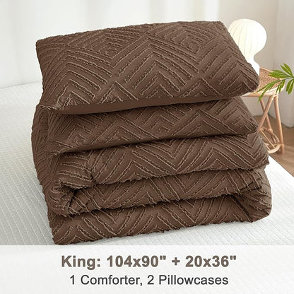 Litanika Brown King Size Comforter Set, 3 Pieces Tufted Boho Farmhouse Bedding Comforter Sets, Lightweight Fluffy Comforter Bed Set for All Season (104x90In Comforter and 2 Pillowcases)