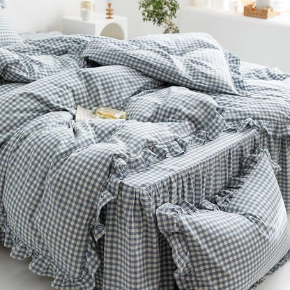 mixinni Blue White Gingham Ruffle Duvet Cover Twin XL Size 3 Pieces – 100% Washed Cotton, Vintage Plaid Ruffled Bedding Set with Zipper Ties, Soft Checkered Grid Farmhouse Chic Comforter Cover Set