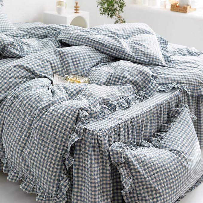 mixinni Blue White Gingham Ruffle Duvet Cover Full Size 3 Pieces – 100% Washed Cotton, Vintage Plaid Ruffled Bedding Set with Zipper Ties, Soft Checkered Grid Farmhouse Chic Comforter Cover Set