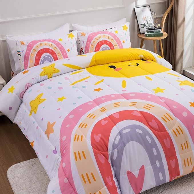 Btargot Lightweight Soft 3 Piece Rainbow Comforter Set with 2 Pillow Covers, Cartoon Love Hearts Flowers and Sun Star Bedding Set for Girls Boys Kids, Queen Pink