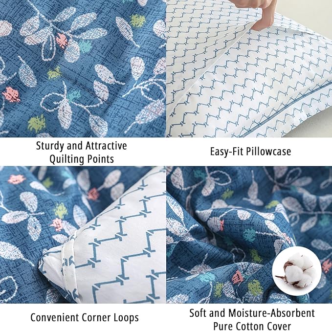 Blue Floral Cotton Comforter Queen Size - White Leaves with Delicate Soft Green & Blush Floral Print, Blue Chevron on White Reverse – 3PC Lightweight Bedding Set with Soft Fill(90"×90")