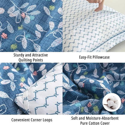Blue Floral Cotton Comforter Queen Size - White Leaves with Delicate Soft Green & Blush Floral Print, Blue Chevron on White Reverse – 3PC Lightweight Bedding Set with Soft Fill(90"×90")