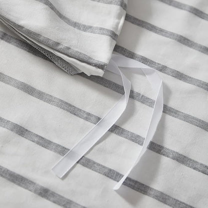 JELLYMONI 100% Natural Cotton 3pcs Striped Duvet Cover Sets, White Duvet Cover with Thick Black Stripes Pattern Printed Comforter Cover, with Zipper Closure & Corner Ties(Full Size)