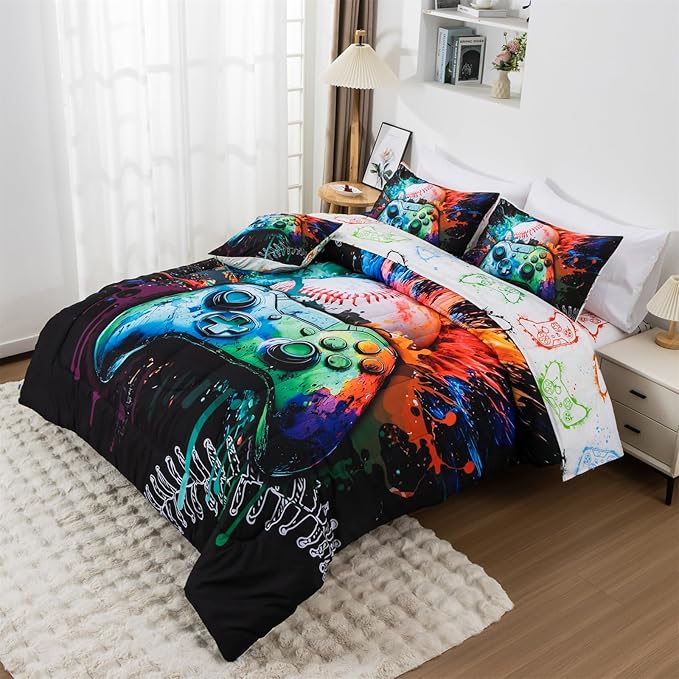 Aimuan Gamer Gaming Bedding Sets 3D Gamepad Comforter Sets for Boys Games Console Action Buttons Novelty Colorful Game Controller Modern Room Decor Home Quilt Set (Green, Full 6Pcs)