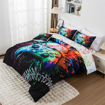 Aimuan Gamer Gaming Bedding Sets 3D Gamepad Comforter Sets for Boys Games Console Action Buttons Novelty Colorful Game Controller Modern Room Decor Home Quilt Set (Green, Twin 6Pcs)