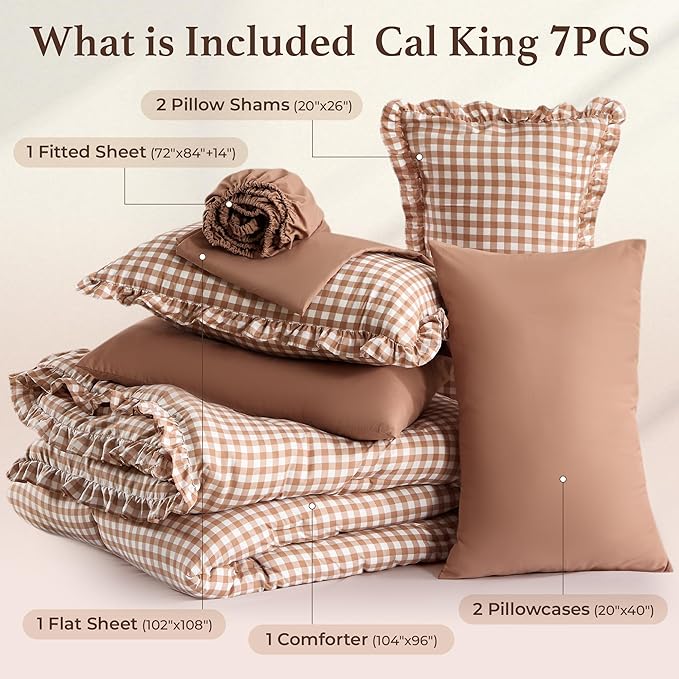 BDEUS 7 Pieces Gingham Ruffle Comforter Set Cal King Size, Brown Grid Tartan Bedding Set, Soft Breathable Fabric Comforter with Flat Sheet, Fitted Sheet, 2 Pillowcases & 2 Shams, 104"X96"