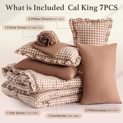 BDEUS 7 Pieces Gingham Ruffle Comforter Set Cal King Size, Brown Grid Tartan Bedding Set, Soft Breathable Fabric Comforter with Flat Sheet, Fitted Sheet, 2 Pillowcases & 2 Shams, 104"X96"