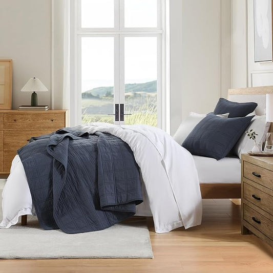 HORIMOTE HOME 100% Cotton Quilt Set Queen Size, Denim Blue Pre-Washed Bedspreads Coverlet Set in Geometric Pattern, Cozy Lightweight Stitching Decorative Bedding Cover with 2 Shams for All Season