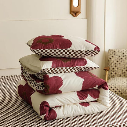 KAREVER Burgundy Floral Comforter King White with Burgundy Flower Bedding Set 3 PCs Comforter Set King Size Comforter (104x90 Inches) with 2 Pillowcases (26x36 inches)