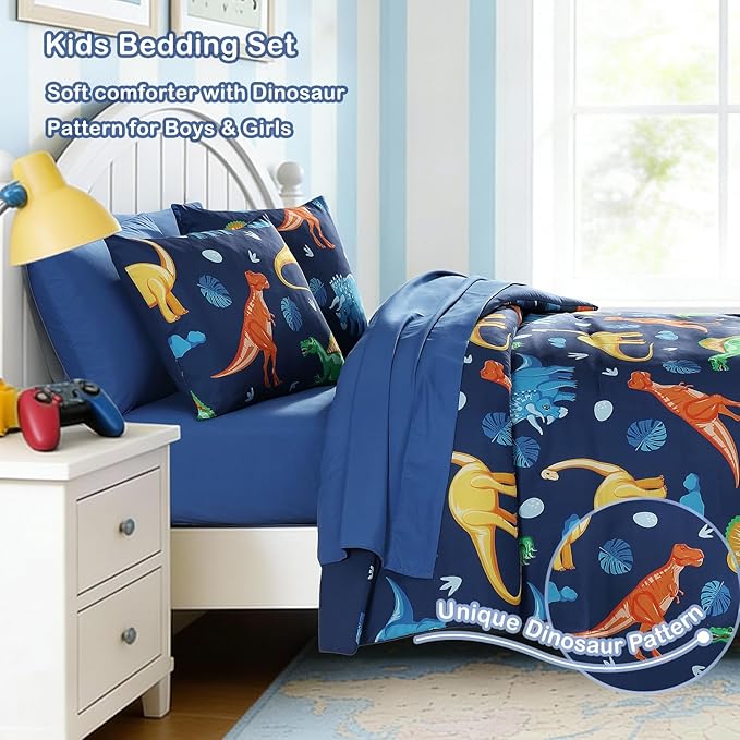 Twin Comforter Set for Boys Kids - 5 Pieces Navy Dinasour Patterns Twin Bedding Sets for Boys Teen, Soft Cozy Bed in A Bag with Sheets