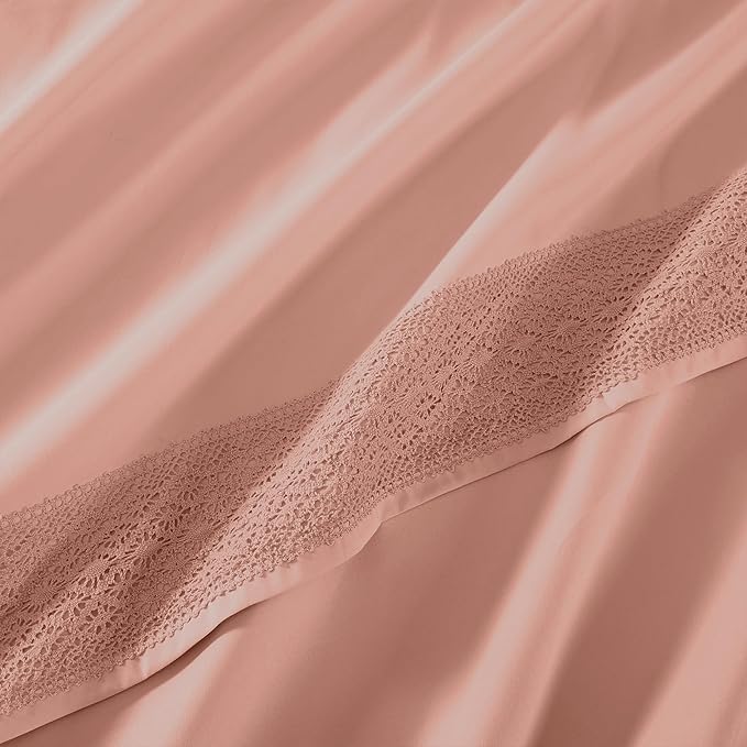 Modern Threads 4 Piece Microfiber Sheet Set – Soft Cooling Bed Sheets with Crochet Lace – Deep Pocket, Wrinkle Free, Breathable, Hotel Luxury Bedding, Rose Pink, Queen