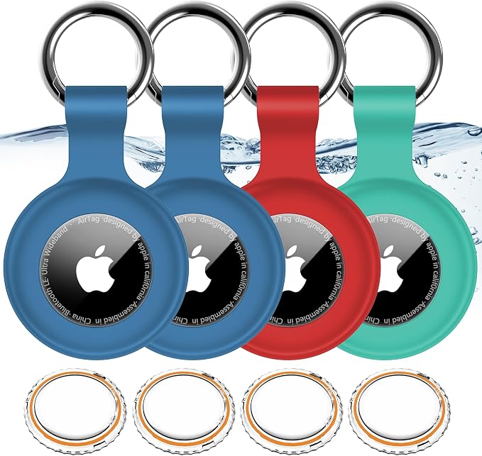 1|2|4Pack for Apple AirTag Holder with Keychain for Air Tag 2nd/1st Gen | Waterproof Air Tag Cover GPS Tracker Anti-Scratch Silicone Air-Tag Case for Pets,Kids,Luggages-Blue+Blue+Green+Red