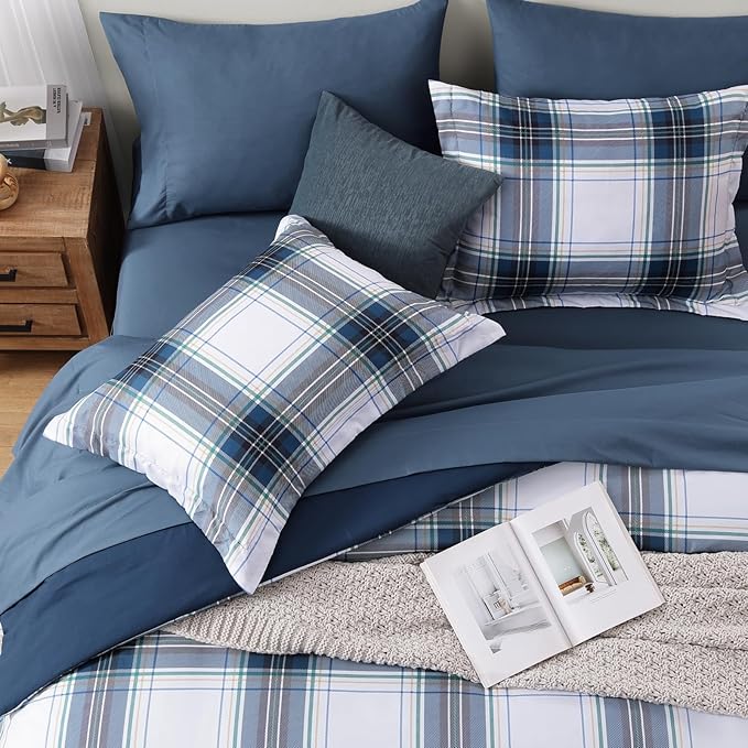 MaiRêve Full Size Plaid Comforter Set Blue White, Classic 7 Pieces Farmhouse Bedding Set, All Season Lightweight Bed in A Bag with Sheets, Pillowcases & Shams
